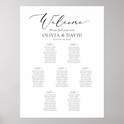 Poster Élégant Script 7 Tables Welcome Seating Chart (Devant)