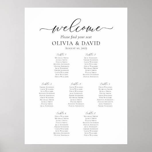 Poster Élégant Script 7 Tables Welcome Seating Chart (Devant)