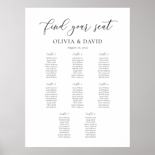 Poster Élégant Script 8 table Seating Chart (Devant)