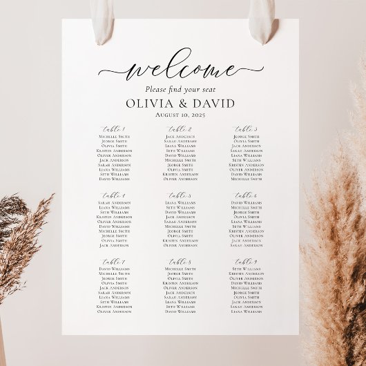 Poster Élégant Script 9 Tables Welcome Seating Chart