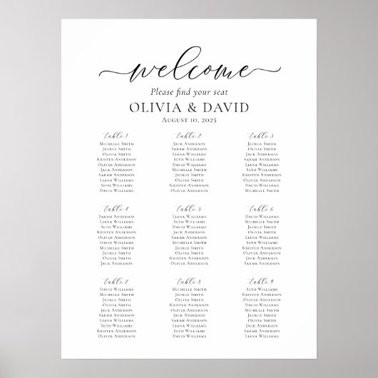 Poster Élégant Script 9 Tables Welcome Seating Chart (Devant)