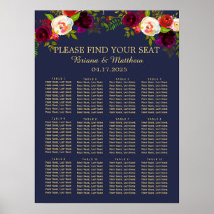 Poster Élégant Script Bourgogne Floral sur bleu marine