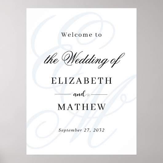 Poster Élégant Script Dusty Blue Monogram Mariage Bienven (Devant)