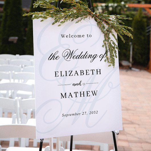 Poster Élégant Script Dusty Blue Monogram Mariage Bienven