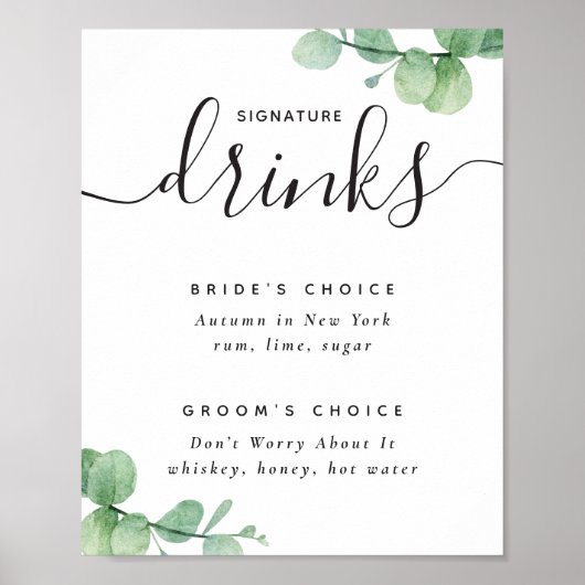 Poster Élégant script eucalyptus mariage Signature boisso (Devant)