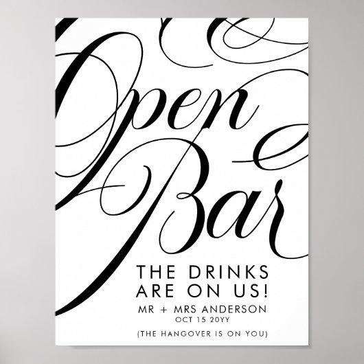 Poster Élégant Script Mariage Bar Boissons Gratuites Menu (Devant)