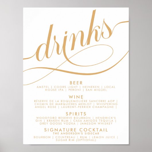 Poster Élégant Script Mariage Boissons Gold Bar Menu (Devant)