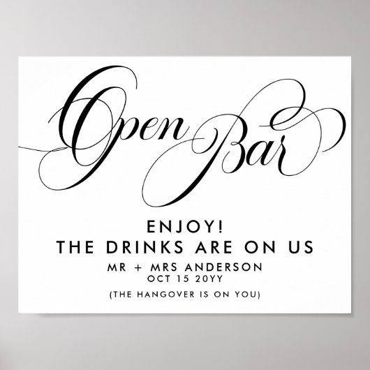 Poster Élégant Script Mariage Boissons gratuites Bar Menu (Devant)