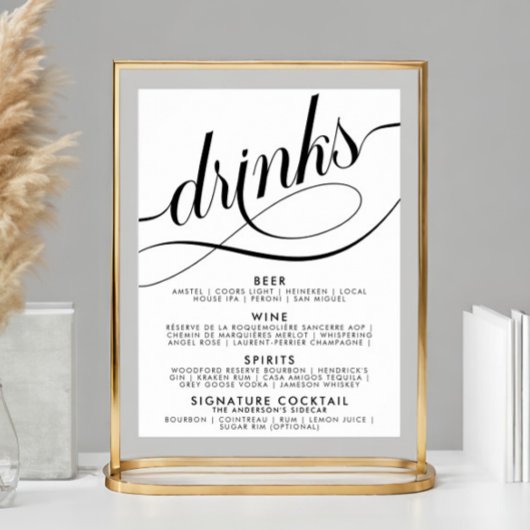 Poster Élégant Script Mariage Boissons Menu Bar