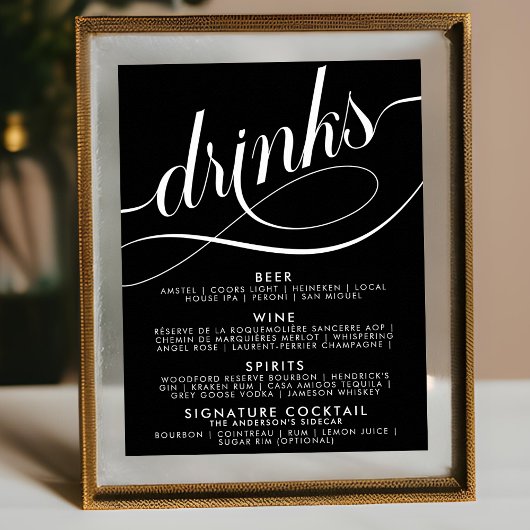 Poster Élégant Script Mariage Boissons Menu Bar