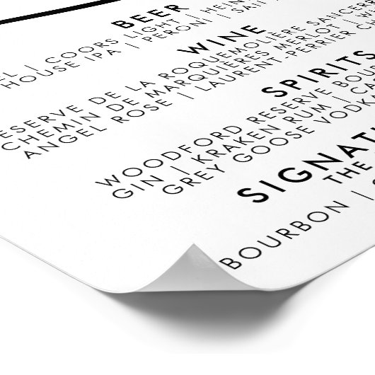 Poster Élégant Script Mariage Boissons Menu Bar (Coin)
