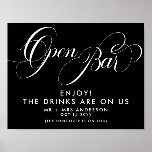 Poster Élégant Script Mariage Open Bar Drink Menu Black (Devant)