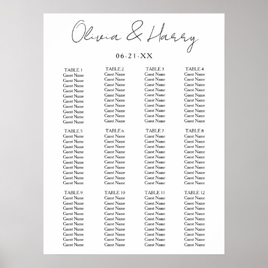 Poster Élégant Script Simple moderne Mariage Seating Char (Devant)