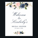 Poster élégant signe d'accueil marine & brush nuptiale<br><div class="desc">Un design floral avec de belles fleurs d'aquarelle bleu marine et rose vif. Le texte et les couleurs de cette affiche peuvent être modifiés.</div>