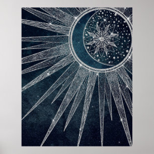 Poster Elégant Silver Sun Moon Doodle Mandala Blue Design