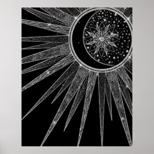 Poster Elégant Silver Sun Moon Mandala Black Design