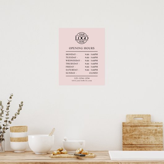 Poster Élégant Simple Blush Rose Business Heures d'ouvert (Cuisine)