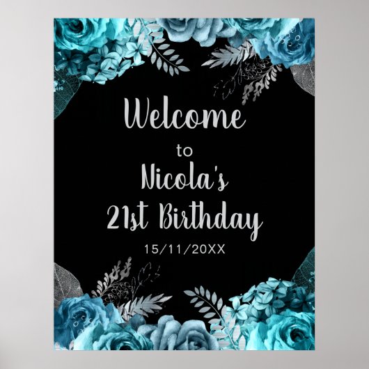 Poster Elegant Teal Blue and Silver Flower Birthday Party (Devant)