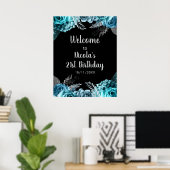 Poster Elegant Teal Blue and Silver Flower Birthday Party (Bureau à domicile)