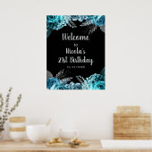 Poster Elegant Teal Blue and Silver Flower Birthday Party (Cuisine)