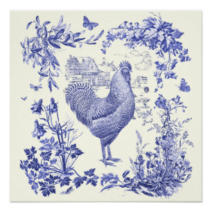 Poster Elégant Toile Vintage Rooster Bleu Floral