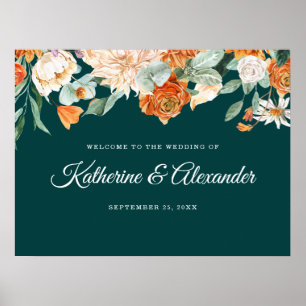 Poster Elégant Turquoise Burnt Orange Floral Mariage Bien