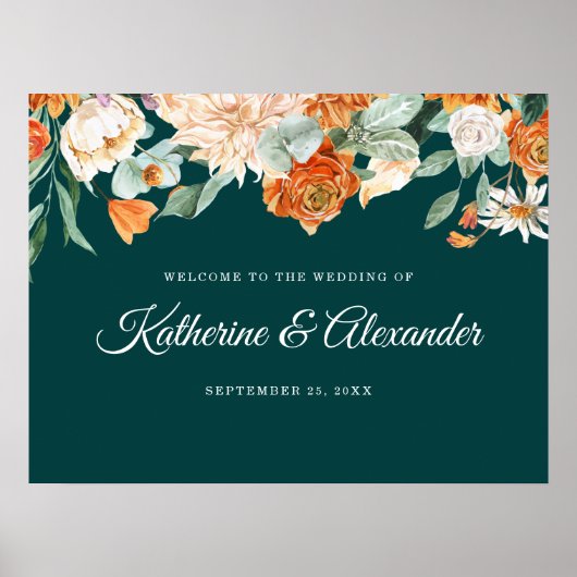 Poster Elégant Turquoise Burnt Orange Floral Mariage Bien (Devant)