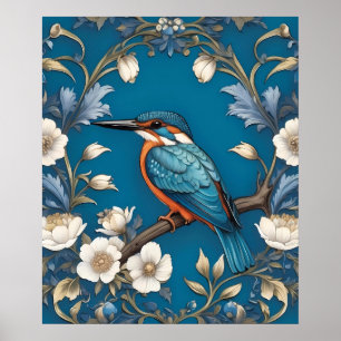 Poster Élégant turquoise Kingfisher Bird Floral