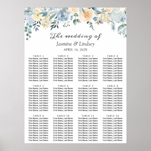Poster Elégant Vanilla Blue Floral Mariage Chart (Devant)