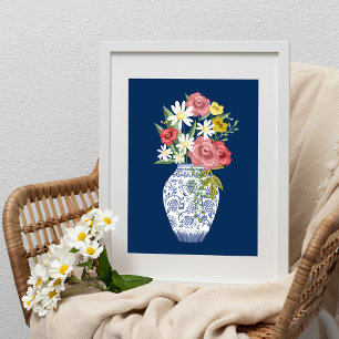 Poster Élégant Vase De Poterie Bleue Et Fleurs Fleurissan