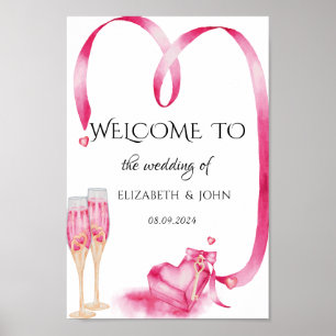 Poster Élégant verre Champagne Coeurs rouges