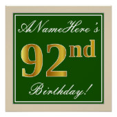 Poster Elégant, Vert, Faux Gold 92ème anniversaire + Nom (Devant)