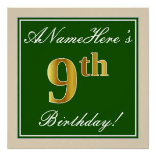 Poster Elégant, Vert, Faux Gold 9e anniversaire + Nom