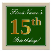 Poster Elégant, Vert, Faux Or 15ème anniversaire + Nom (Devant)
