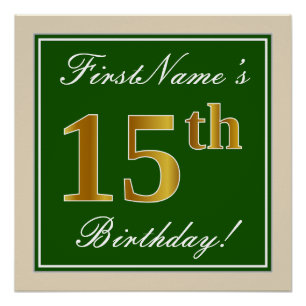 Poster Elégant, Vert, Faux Or 15ème anniversaire + Nom