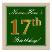 Poster Elégant, Vert, Faux Or 17ème Anniversaire + Nom (Devant)