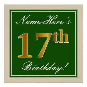 Poster Elégant, Vert, Faux Or 17ème Anniversaire + Nom