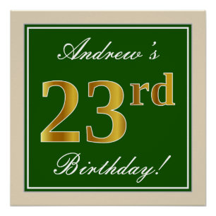Poster Elégant, Vert, Faux Or 23ème anniversaire + Nom
