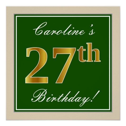 Poster Elégant, Vert, Faux Or 27ème Anniversaire + Nom (Devant)