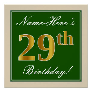 Poster Elégant, Vert, Faux Or 29ème Anniversaire + Nom