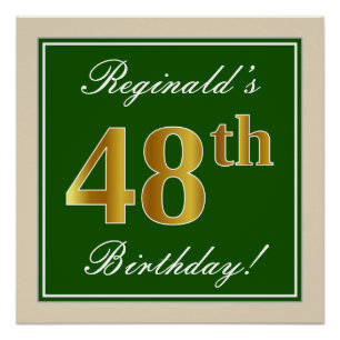 Poster Elégant, Vert, Faux Or 48ème Anniversaire + Nom