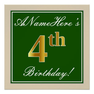 Poster Elégant, Vert, Faux Or 4ème Anniversaire + Nom