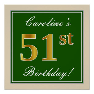 Poster Elégant, Vert, Faux Or 51ème Anniversaire + Nom