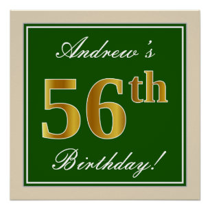 Poster Elégant, Vert, Faux Or 56ème Anniversaire + Nom
