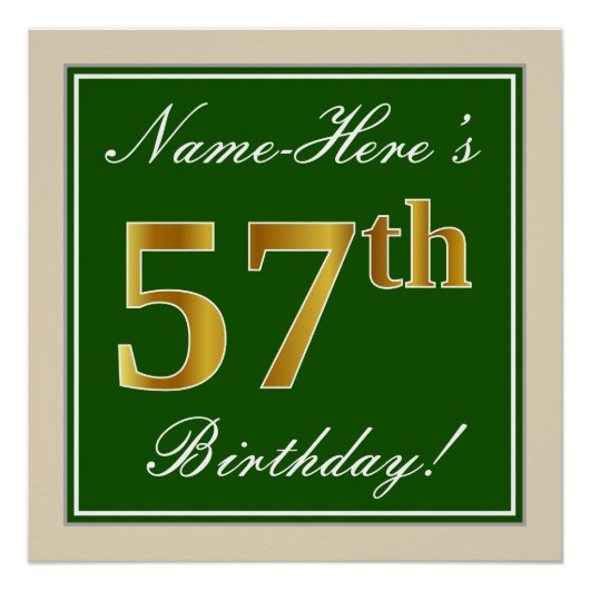 Poster Elégant, Vert, Faux Or 57ème Anniversaire + Nom (Devant)