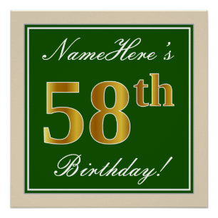 Poster Elégant, Vert, Faux Or 58ème anniversaire + Nom