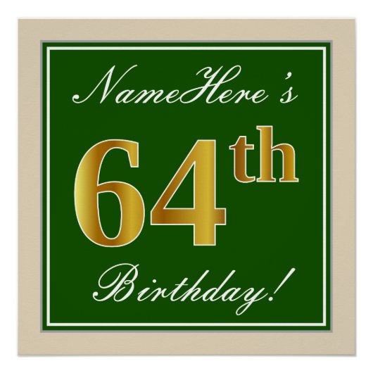 Poster Elégant, Vert, Faux Or 64ème anniversaire + Nom (Devant)