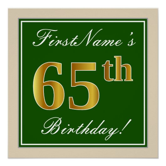 Poster Elégant, Vert, Faux Or 65ème anniversaire + Nom (Devant)