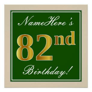 Poster Elégant, Vert, Faux Or 82ème Anniversaire + Nom