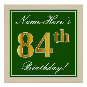 Poster Elégant, Vert, Faux Or 84ème Anniversaire + Nom